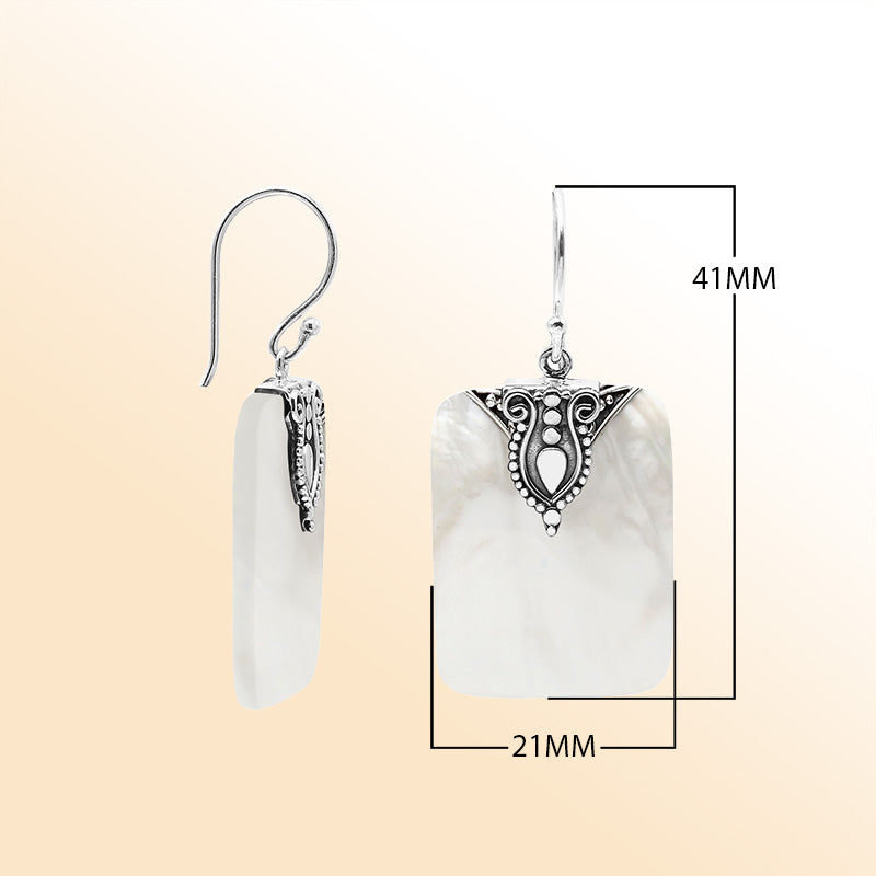 Artistic Mother Of Pearl rectangle earrings with silver crest
