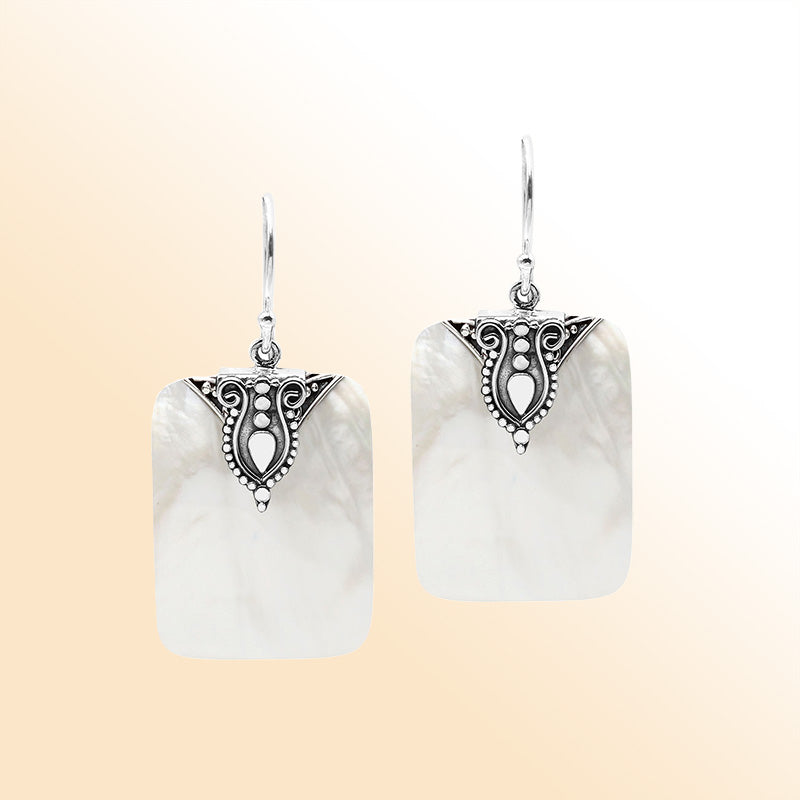 Artistic Mother Of Pearl rectangle earrings with silver crest