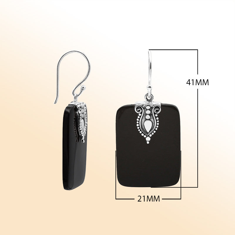 Artistic Black Shell rectangle earrings with ornate silver crest