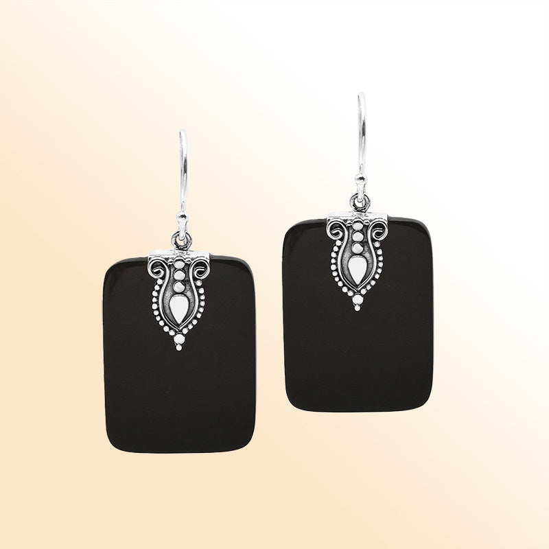 Artistic Black Shell rectangle earrings with ornate silver crest