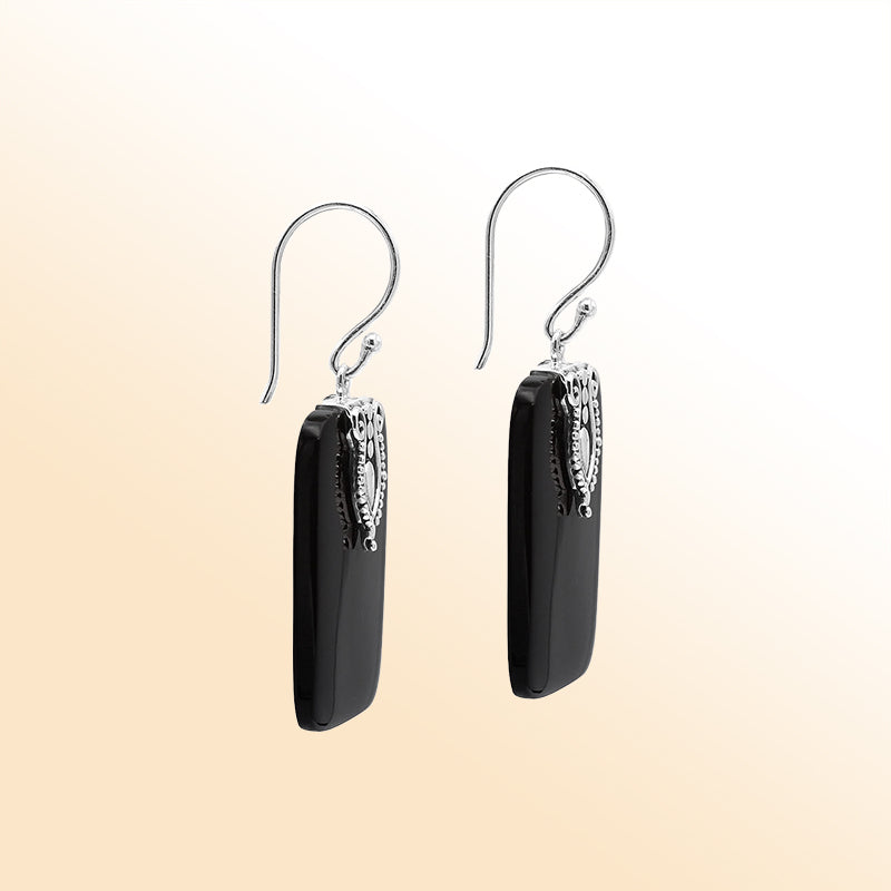 Artistic Black Shell rectangle earrings with ornate silver crest