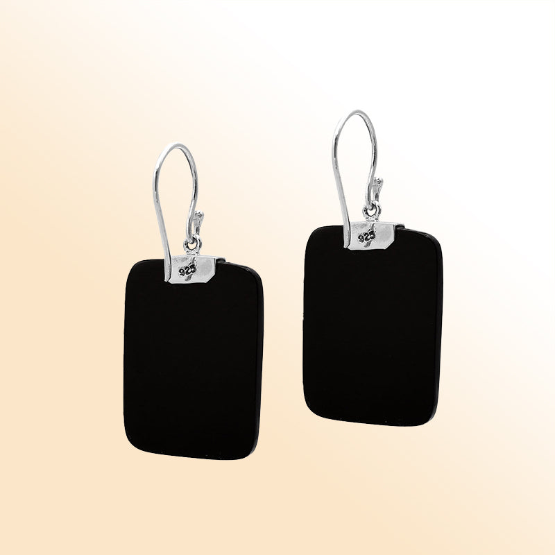 Artistic Black Shell rectangle earrings with ornate silver crest