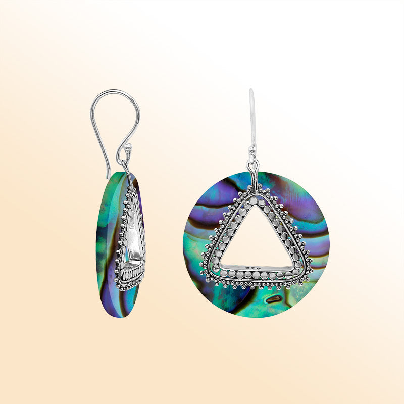 Artistic round Abalone Shell earrings with triangle cutout
