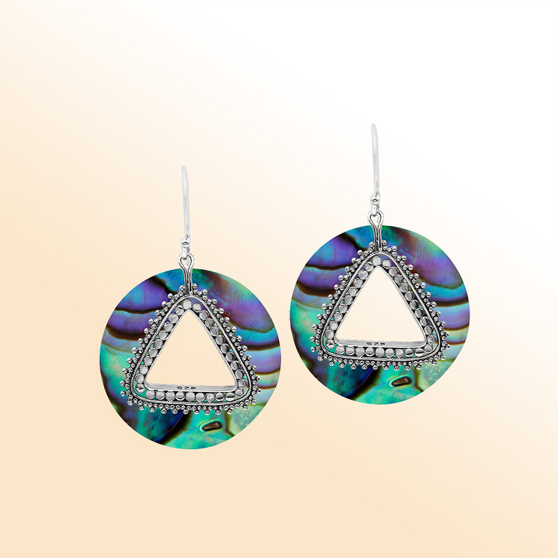 Artistic round Abalone Shell earrings with triangle cutout