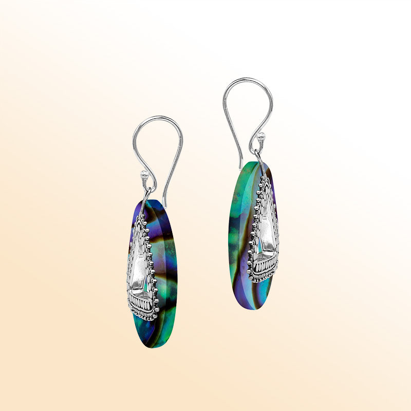 Artistic round Abalone Shell earrings with triangle cutout