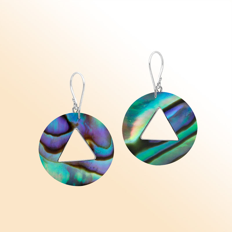 Artistic round Abalone Shell earrings with triangle cutout