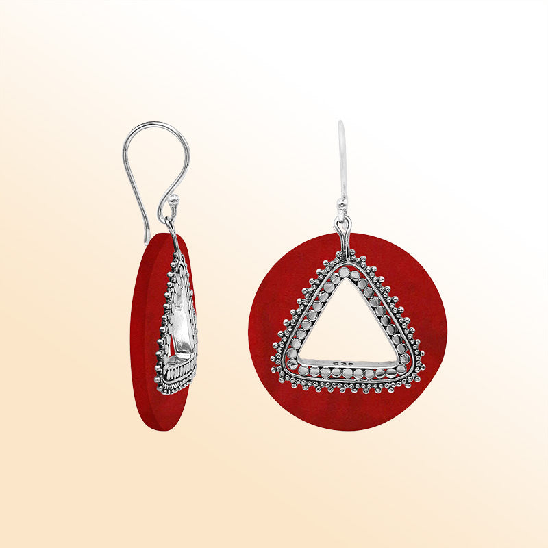 Artistic Red Coral round earrings with silver beaded triangular cut-out.