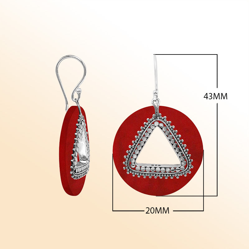 Artistic Red Coral round earrings with silver beaded triangular cut-out.