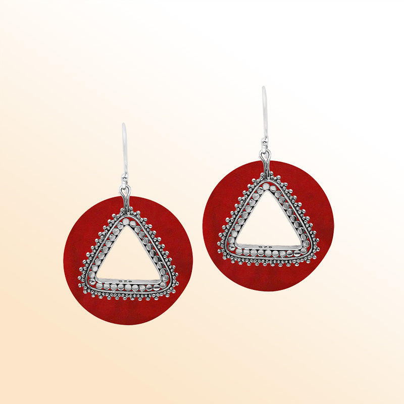 Artistic Red Coral round earrings with silver beaded triangular cut-out.