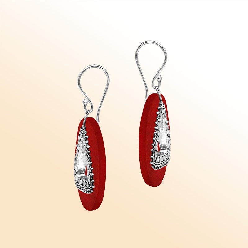 Artistic Red Coral round earrings with silver beaded triangular cut-out.
