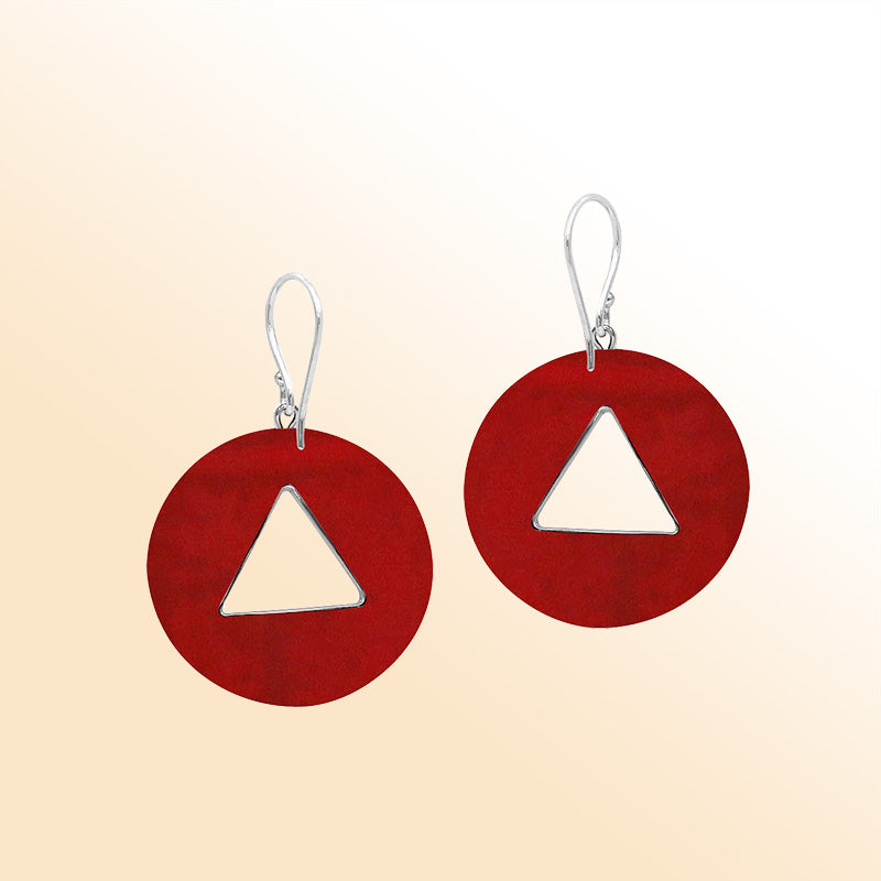 Artistic Red Coral round earrings with silver beaded triangular cut-out.