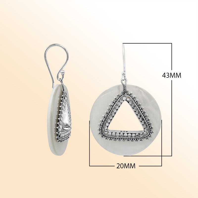 Artistic Mother Of Pearl round earrings with silver beaded triangle cut-out.