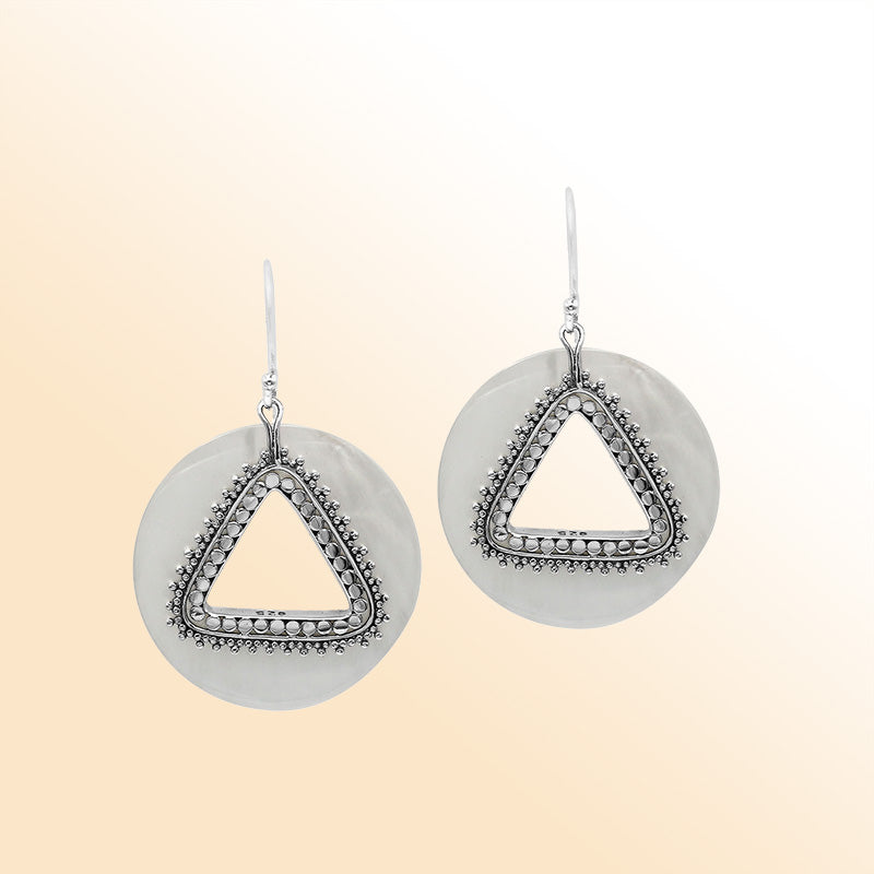 Artistic Mother Of Pearl round earrings with silver beaded triangle cut-out.