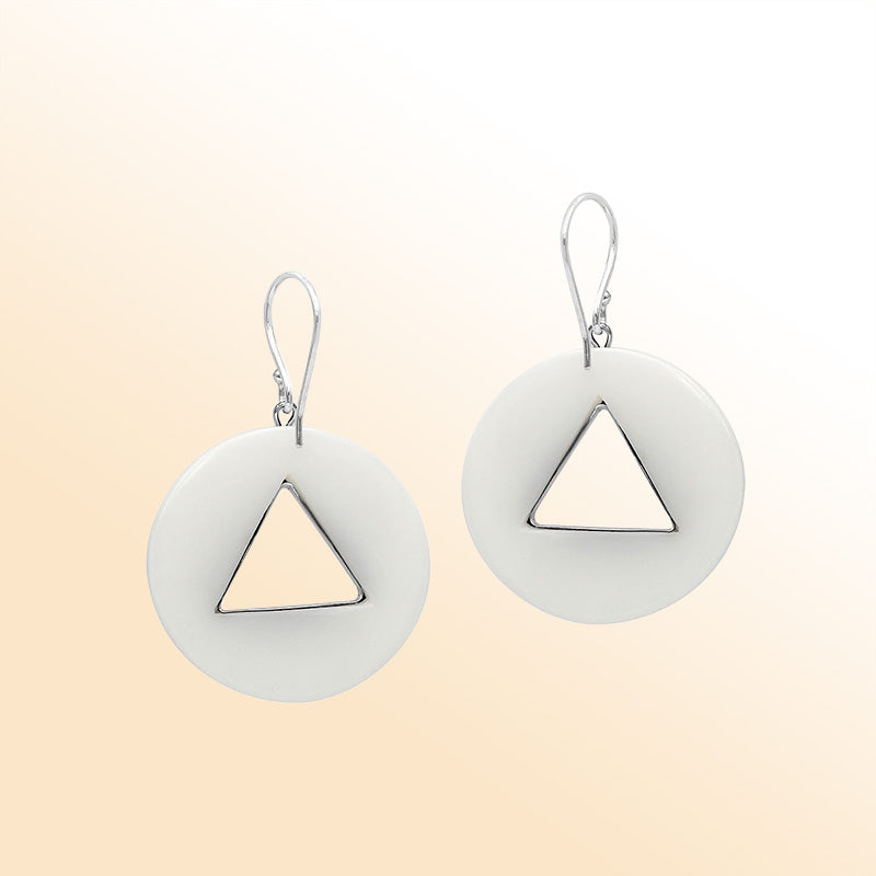 Artistic Mother Of Pearl round earrings with silver beaded triangle cut-out.