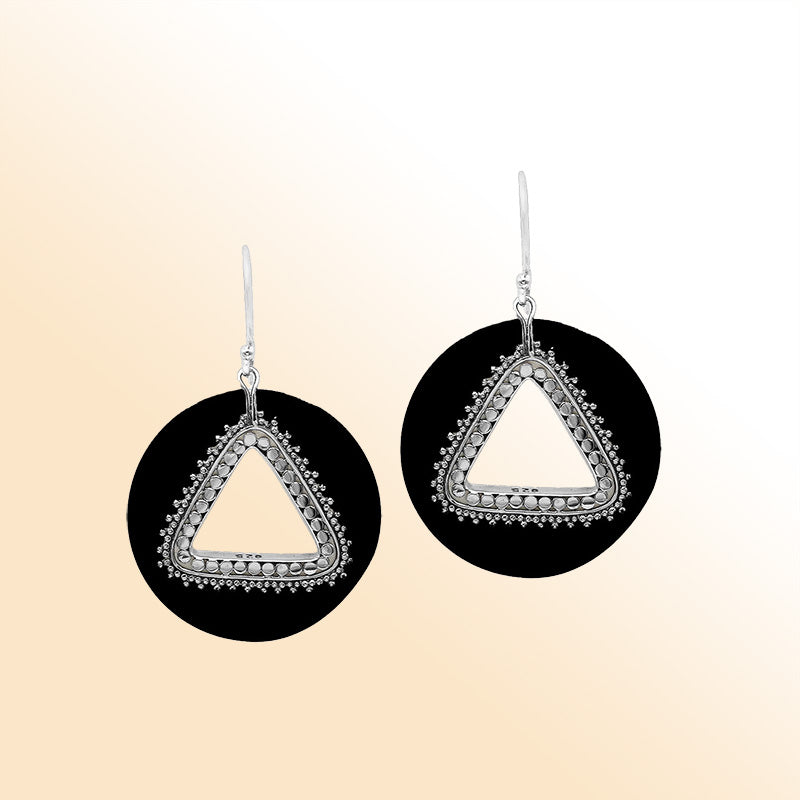 Artistic Black Shell round earrings with silver beaded triangle cut-out
