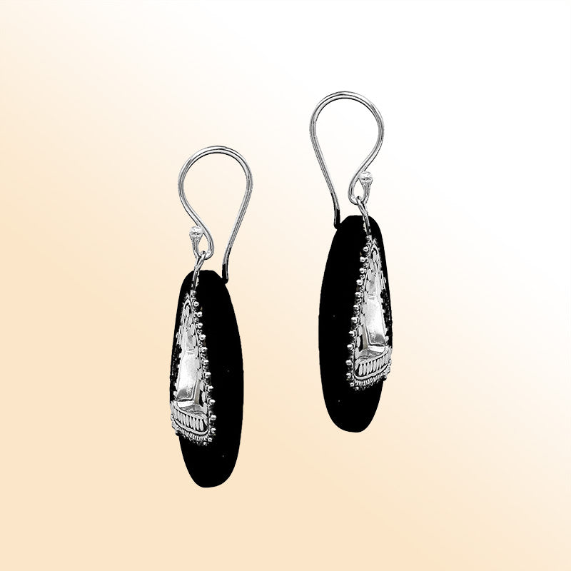 Artistic Black Shell round earrings with silver beaded triangle cut-out