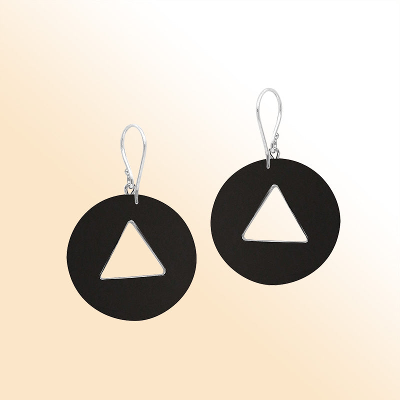Artistic Black Shell round earrings with silver beaded triangle cut-out
