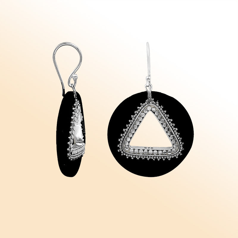 Artistic Black Shell round earrings with silver beaded triangle cut-out