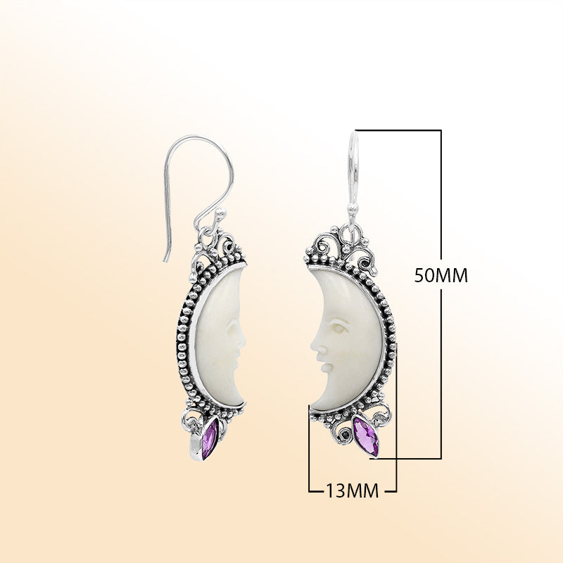 Celestial Sterling Silver moon face earrings with bone carving and Amethyst Quartz drop