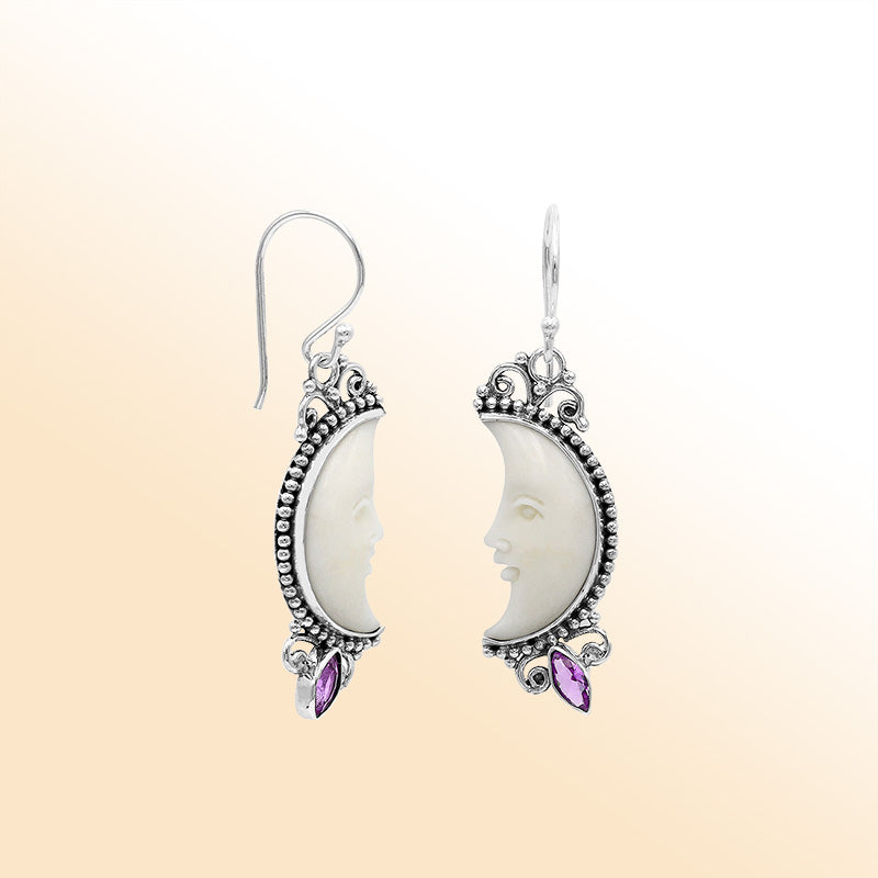 Celestial Sterling Silver moon face earrings with bone carving and Amethyst Quartz drop