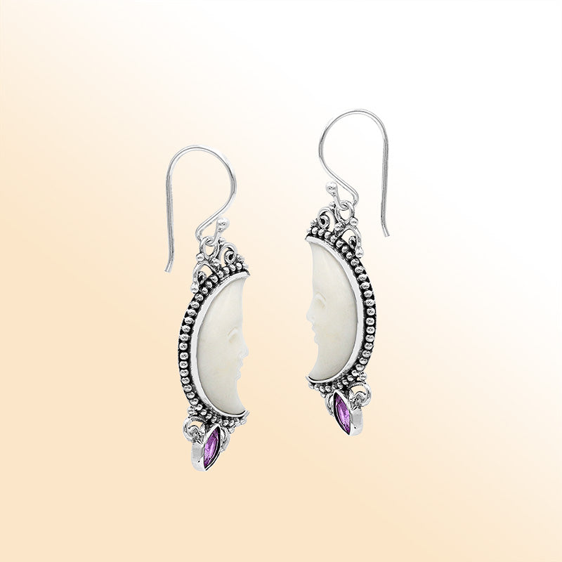Celestial Sterling Silver moon face earrings with bone carving and Amethyst Quartz drop