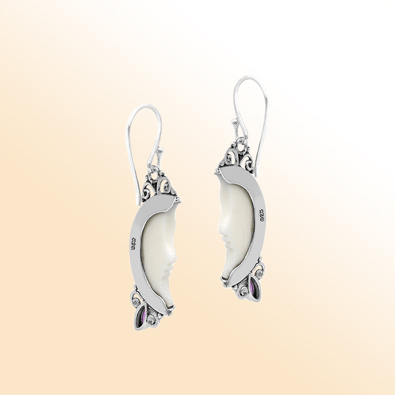 Celestial Sterling Silver moon face earrings with bone carving and Amethyst Quartz drop