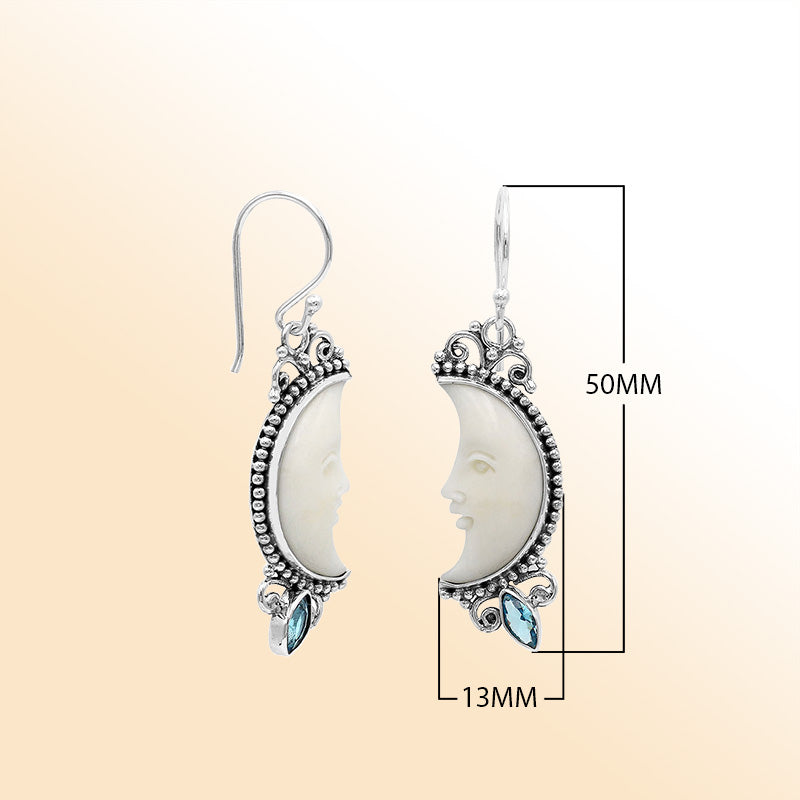 Celestial moonlight earrings in sterling silver with bone face and blue topaz quartz