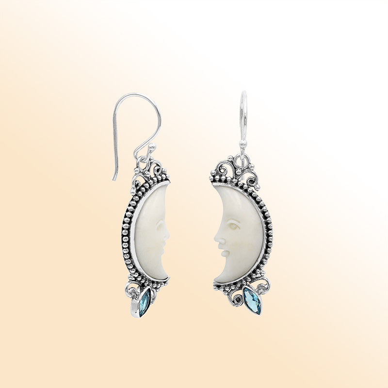 Celestial moonlight earrings in sterling silver with bone face and blue topaz quartz