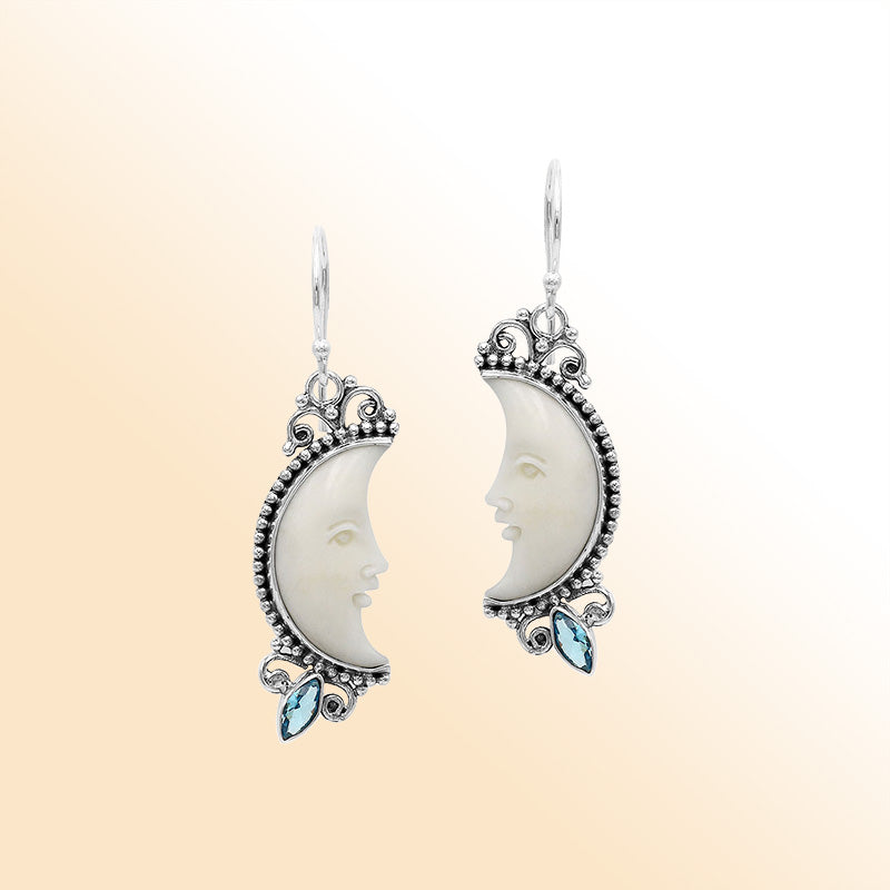 Celestial moonlight earrings in sterling silver with bone face and blue topaz quartz