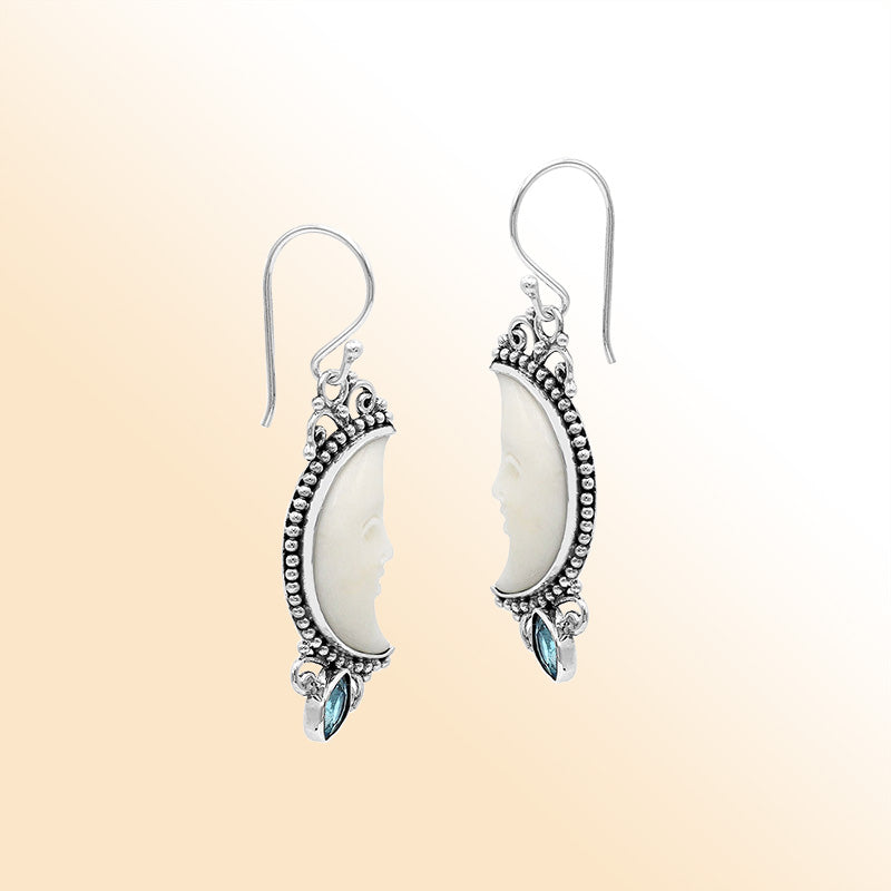Celestial moonlight earrings in sterling silver with bone face and blue topaz quartz