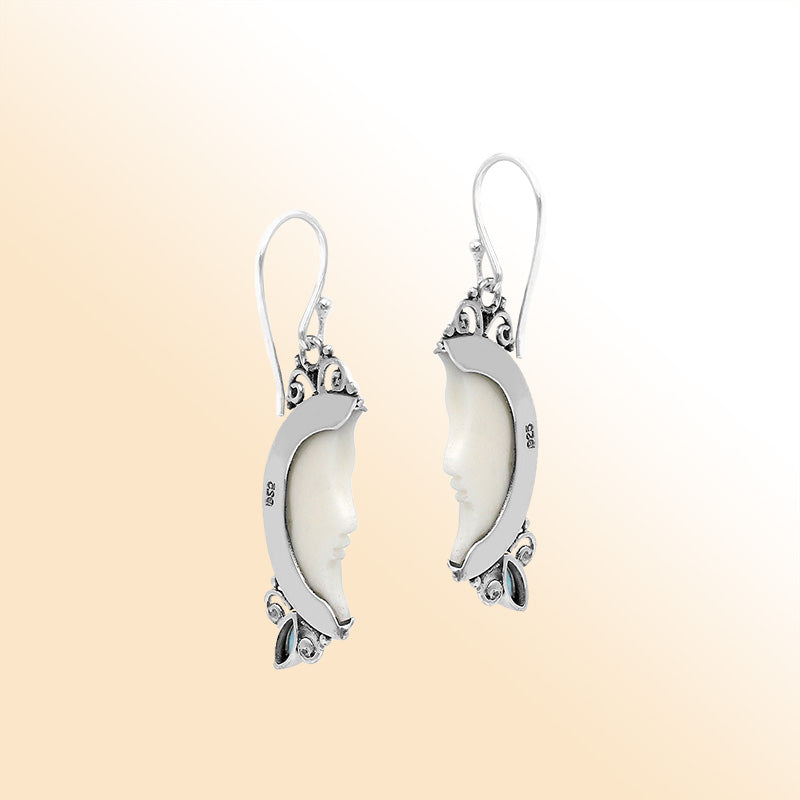 Celestial moonlight earrings in sterling silver with bone face and blue topaz quartz