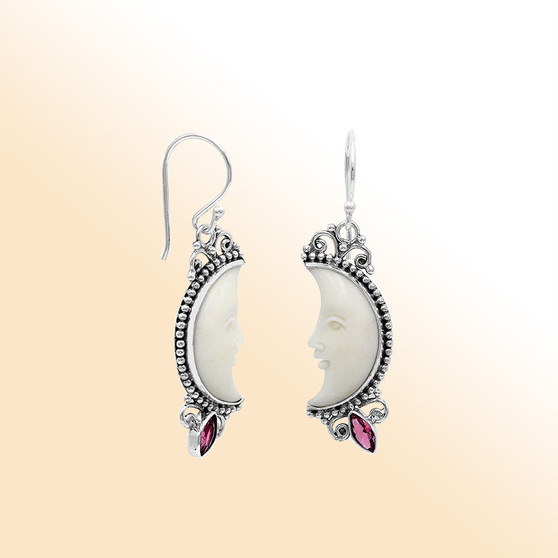 Sterling Silver Bone Face & Ruby Quartz Half Moon Earrings 