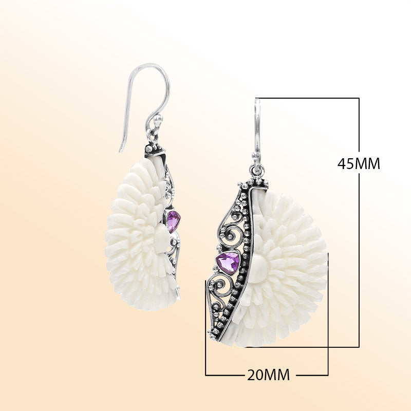 Sterling silver flower earrings with carved bone and Amethyst Quartz