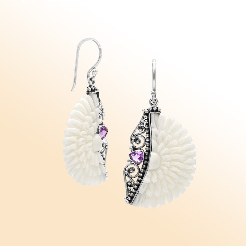 Sterling silver flower earrings with carved bone and Amethyst Quartz