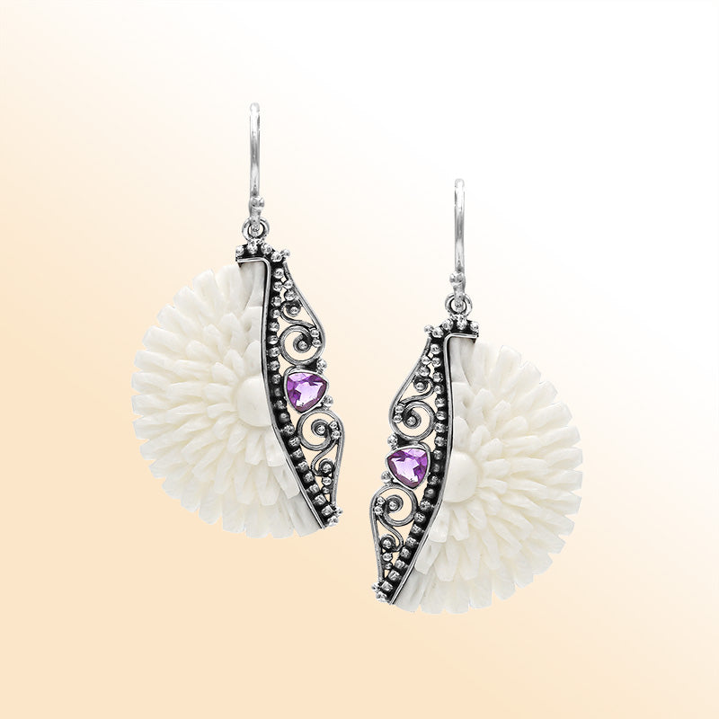 Sterling silver flower earrings with carved bone and Amethyst Quartz