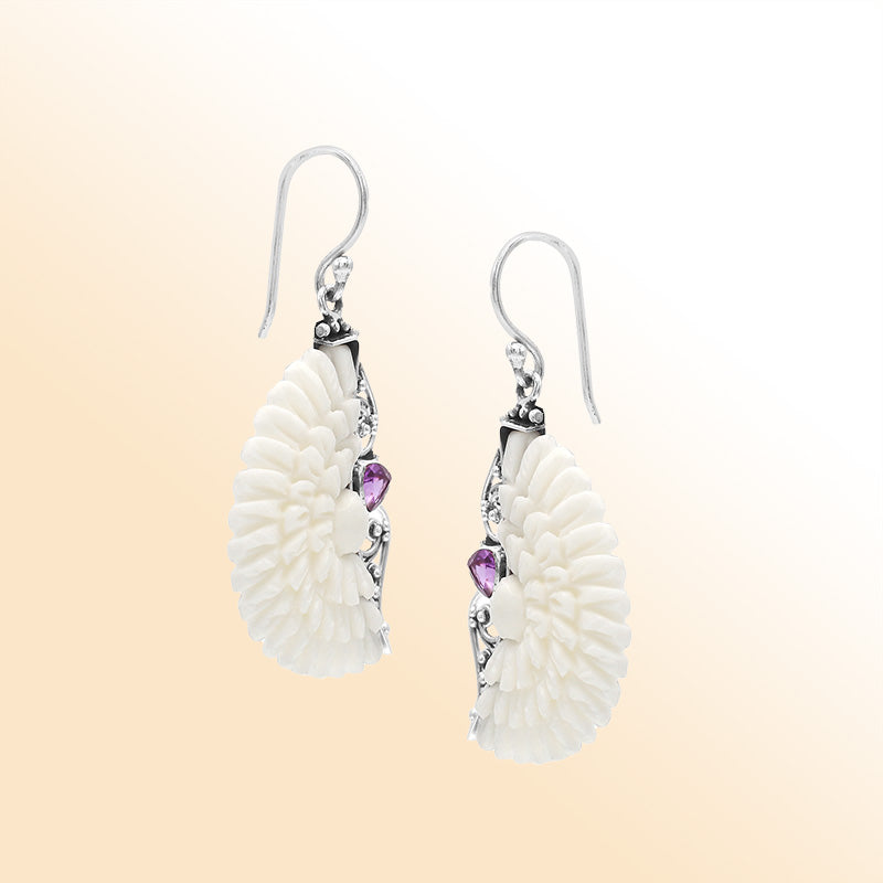 Sterling silver flower earrings with carved bone and Amethyst Quartz