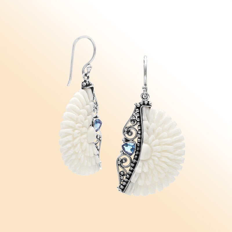 Sterling silver ocean bloom earrings with carved bone and Blue Topaz quartz