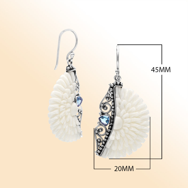 Sterling silver ocean bloom earrings with carved bone and Blue Topaz quartz