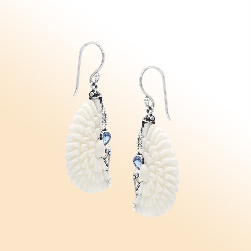 Sterling silver ocean bloom earrings with carved bone and Blue Topaz quartz