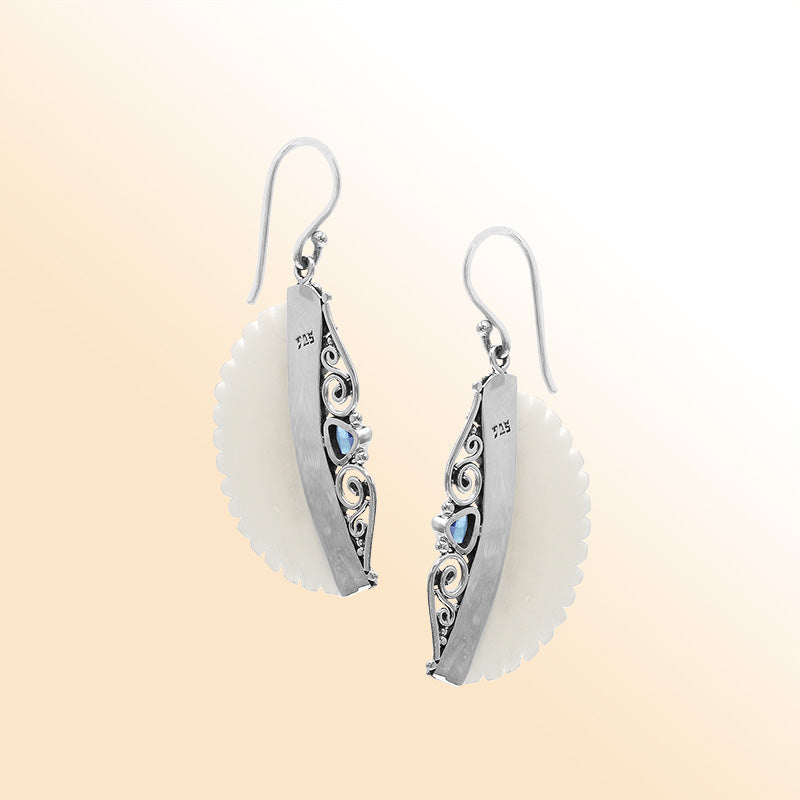 Sterling silver ocean bloom earrings with carved bone and Blue Topaz quartz