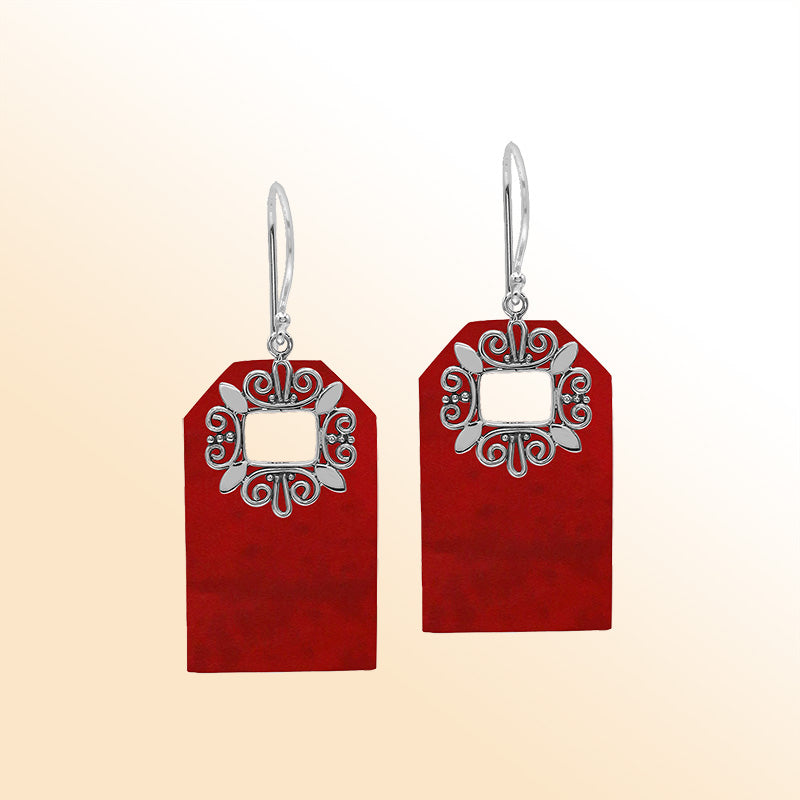Artistic Red Coral earrings with ornate silver filigree
