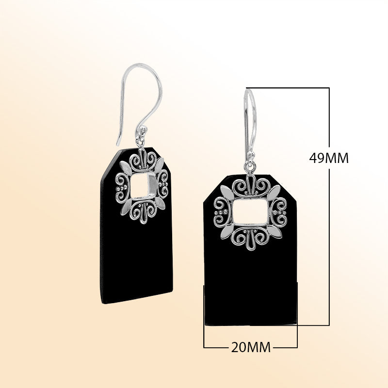 Artistic Black Shell earrings with decorative silver filigree