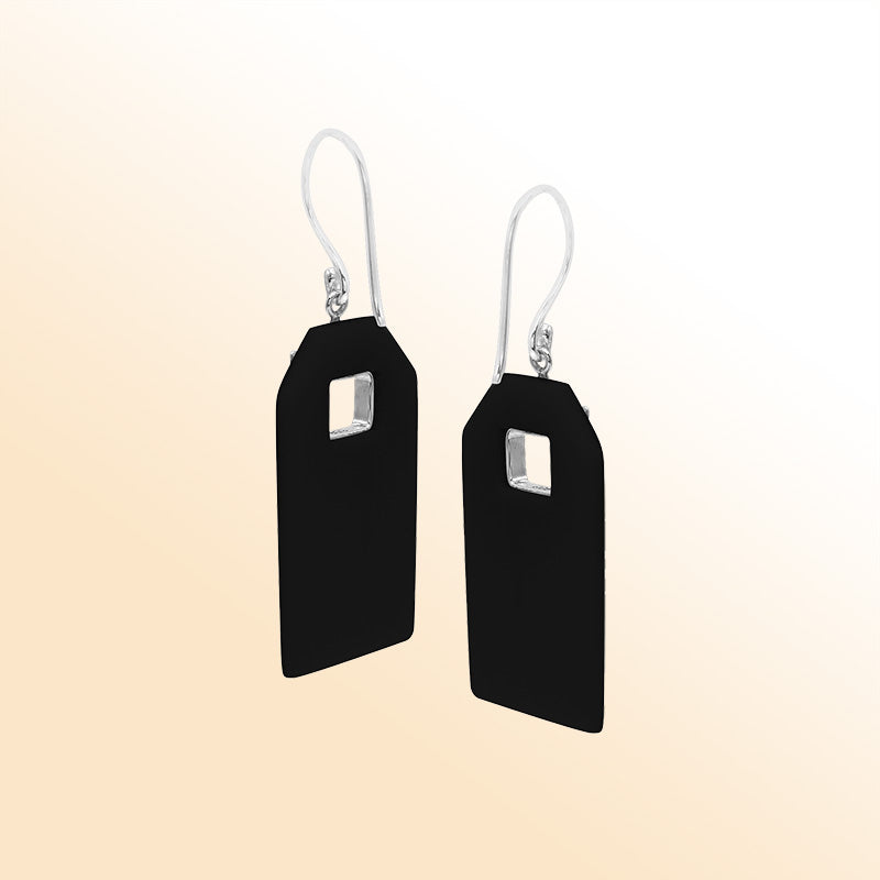Artistic Black Shell earrings with decorative silver filigree
