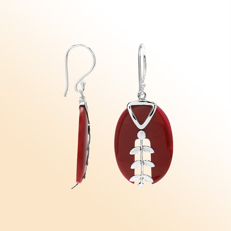 Artistic Red Coral Split oval earrings with silver detailing