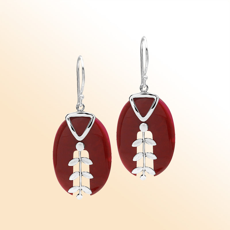 Artistic Red Coral Split oval earrings with silver detailing