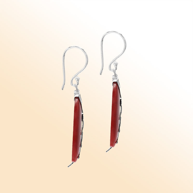 Artistic Red Coral Split oval earrings with silver detailing