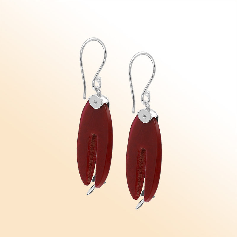 Artistic Red Coral Split oval earrings with silver detailing