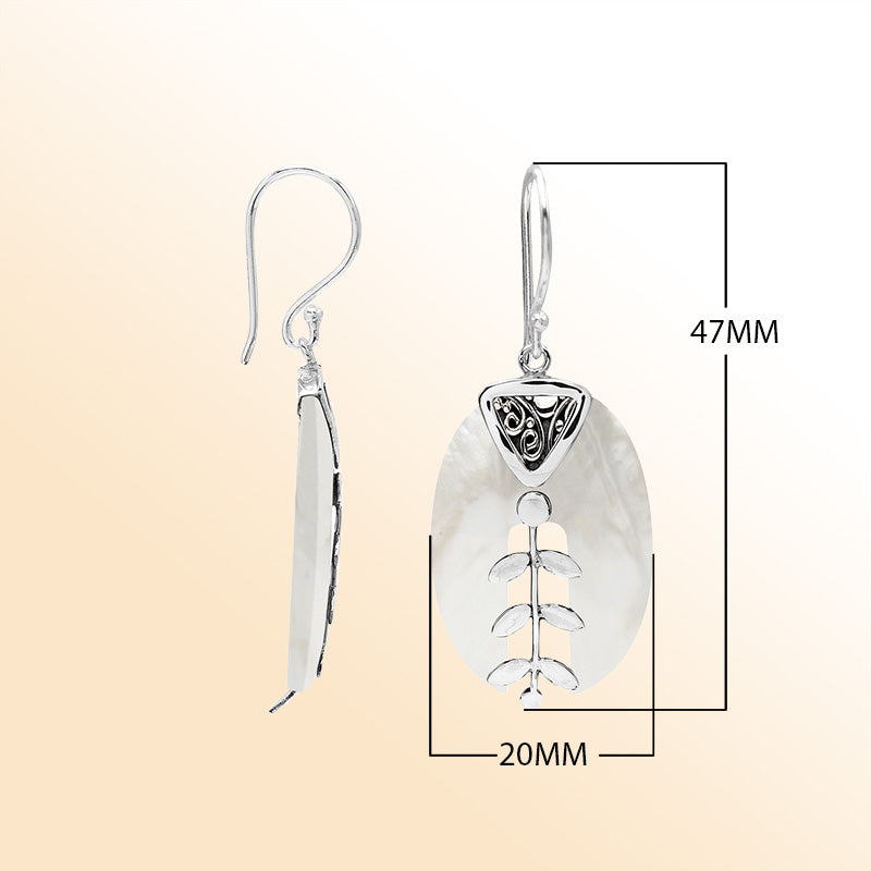 Artistic Mother of Pearl earrings with silver leaf and filigree details
