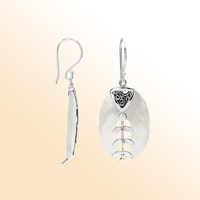 Artistic Mother of Pearl earrings with silver leaf and filigree details