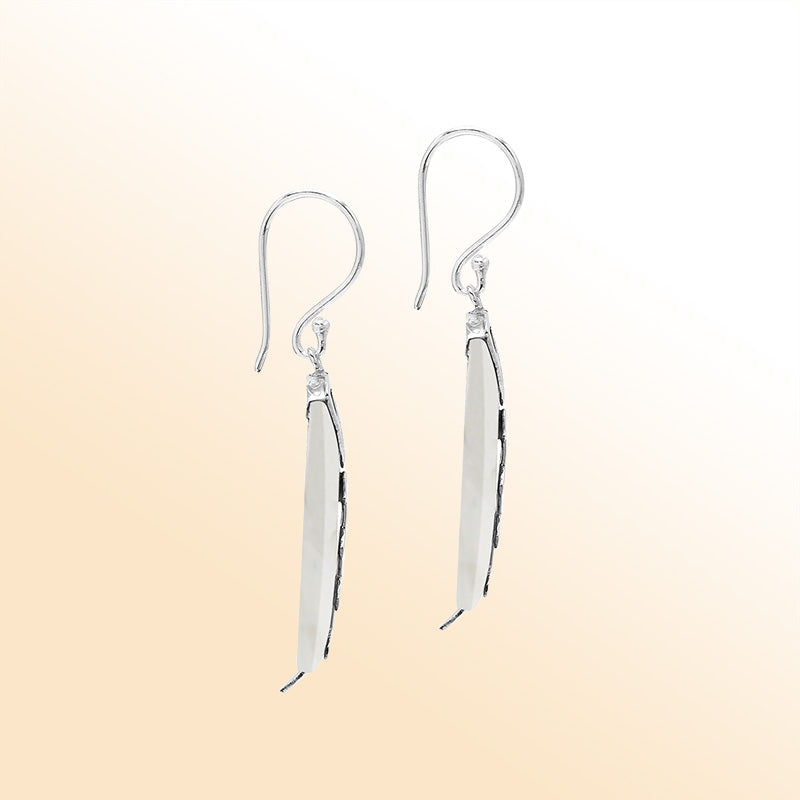 Artistic Mother of Pearl earrings with silver leaf and filigree details